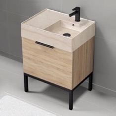 Modern Small Bathroom Vanity, 24 inch, Travertine Style Sink, Free Standing